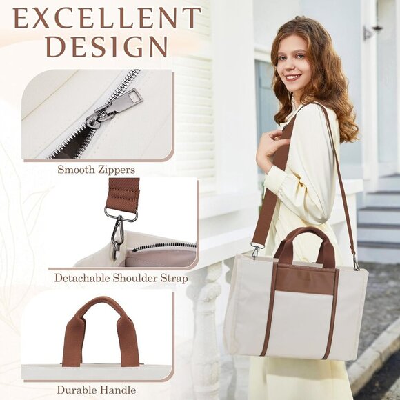 Canvas Tote Bag Women Large Capacity Detachable Strap Travel Office - Picture 3 of 7